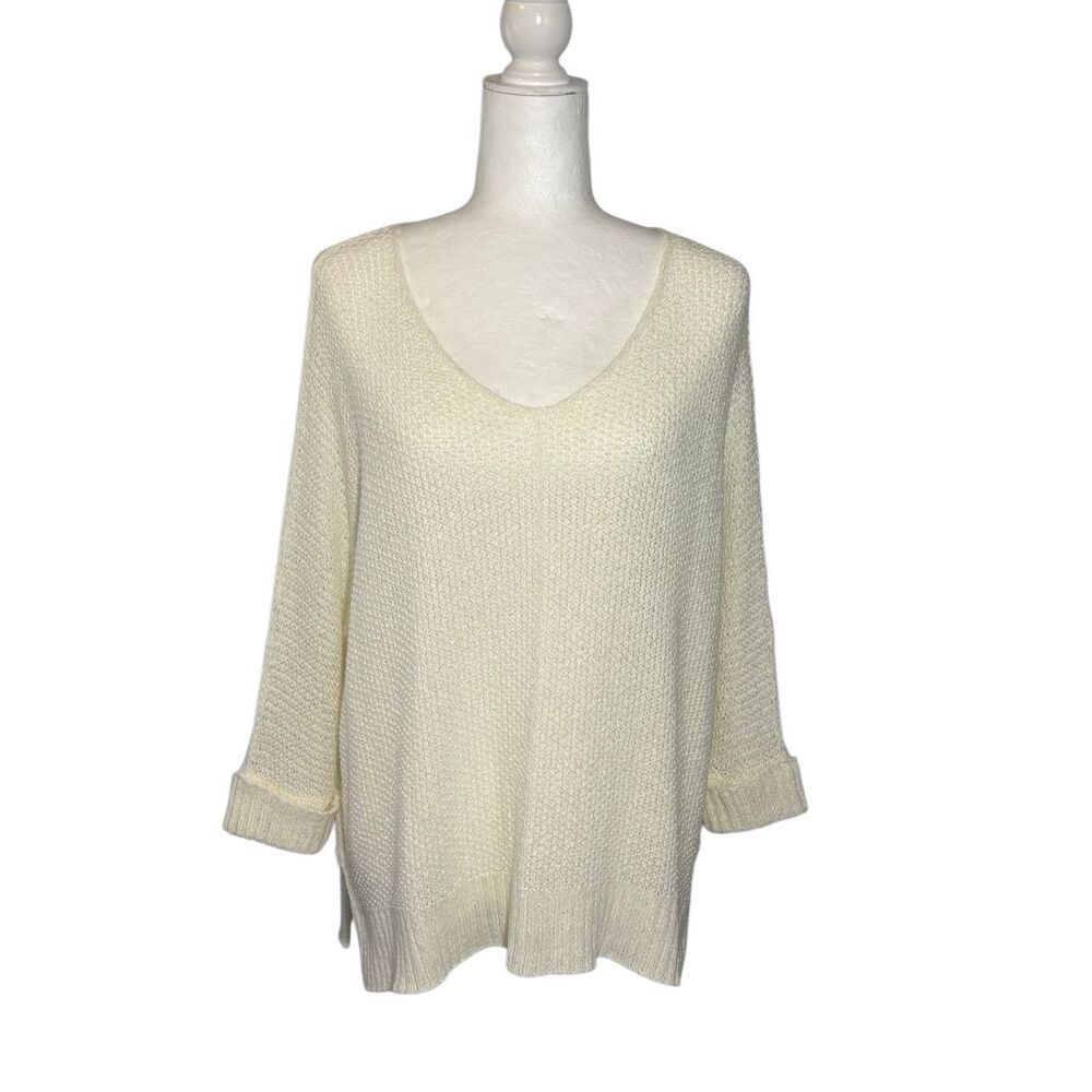 Anthropologie ee:some ivory oversized open knit v-neck sweater with dolman sleev